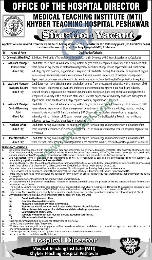 Assistant Manager, Inventory Officer Jobs in MTI Khyber Teaching Hospital Peshawar, 30 March 2018