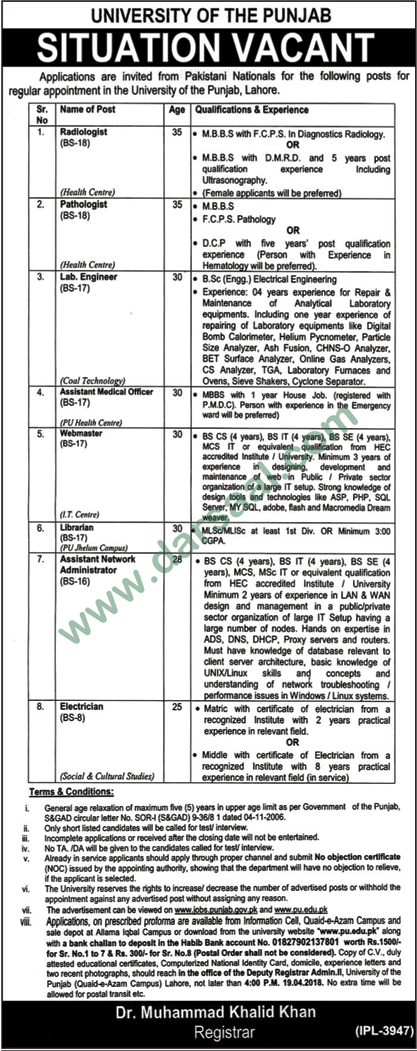 Radiology, Pathology, Librarian, Admin Jobs in University of Punjab Lahore, 30 March 2018