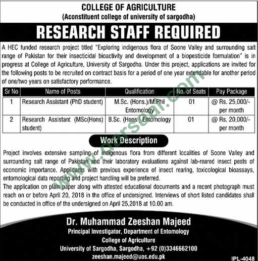 Research Assistant & Research Assistant ( MSC (Hons) Student Jobs in University of Sargodha, 31 March 2018