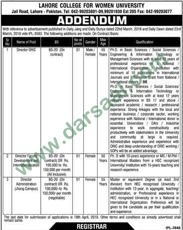Director, Administration Director Jobs in College for Women University, Lahore 31 March 2018