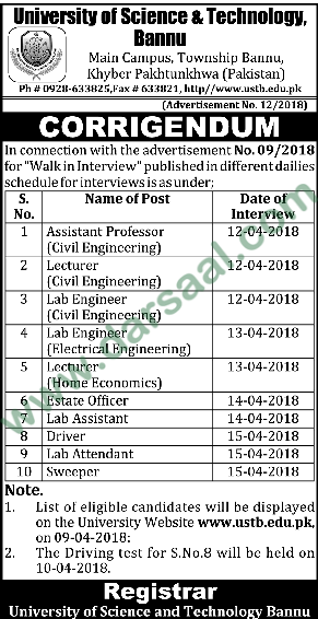 Assistant Professor, Lecturer, Lab Engineer, Lab Assistant, Driver Jobs in University of Science & Technology, Bannu 31 March 2018