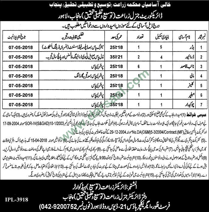 Driver, Helper, Naib Qasid, Cleaner Jobs in Agriculture Department Lahore, 31 March 2018