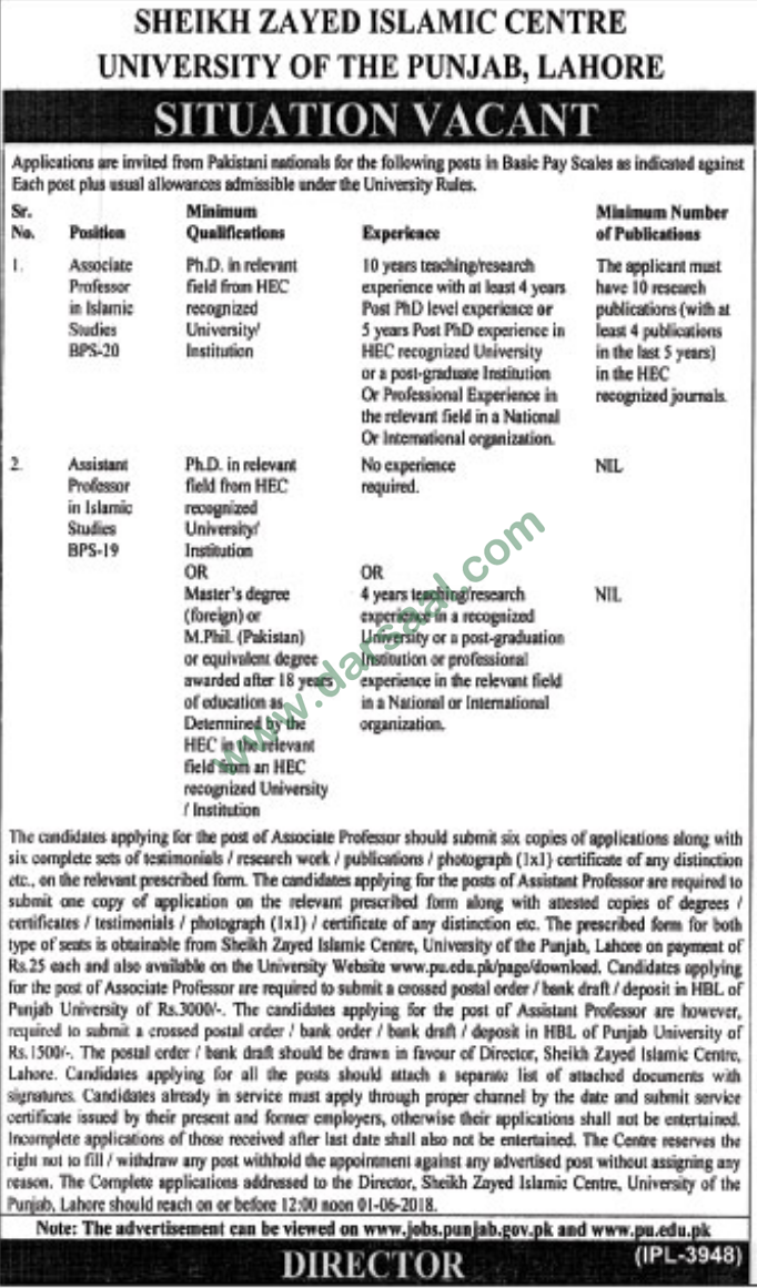 Assistant Professor & Associate Professor Jobs in University of Punjab, Lahore 31 March 2018