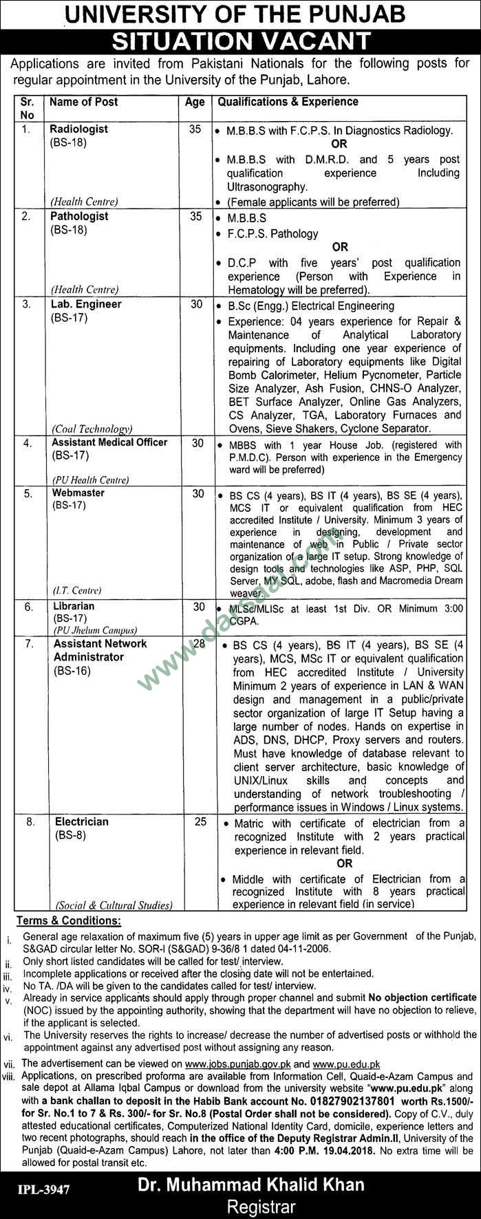 Radiology, Pathology, Librarian, Admin, Electrician Jobs in University of Punjab Lahore, 31 March 2018