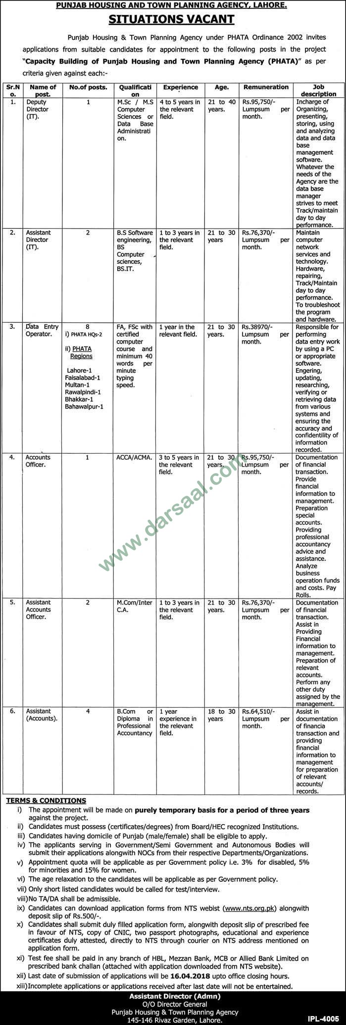Deputy Director, Accountant, Assistant Director, Data Entry Operator Jobs in Punjab Housing & Planning Agency Lahore, 31 March 2018