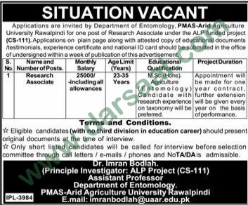 Research Associate Jobs in Arid Agriculture University Rawalpindi, 31 March 2018