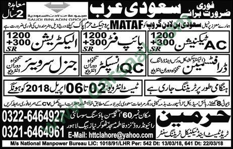 AC Technician, Electrician, Pipe Fitter, Inspector Jobs in Saudi Arabia, 31 March 2018