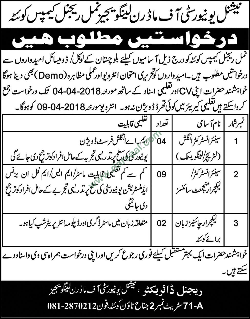 Lecturer Jobs in National University of Modern Languages Quetta, 31 March 2018