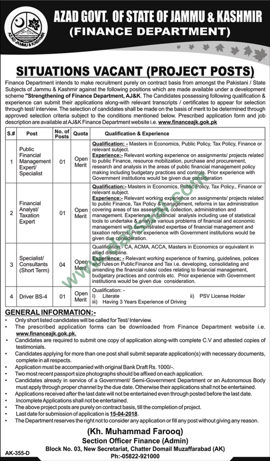 Finance Management, Consultants, Driver Jobs in Finance Department AJK, 31 March 2018