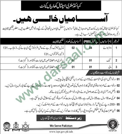 Mali, Cook, Ward Boy Jobs in Combined Military Hospital Kharian, 31 March 2018