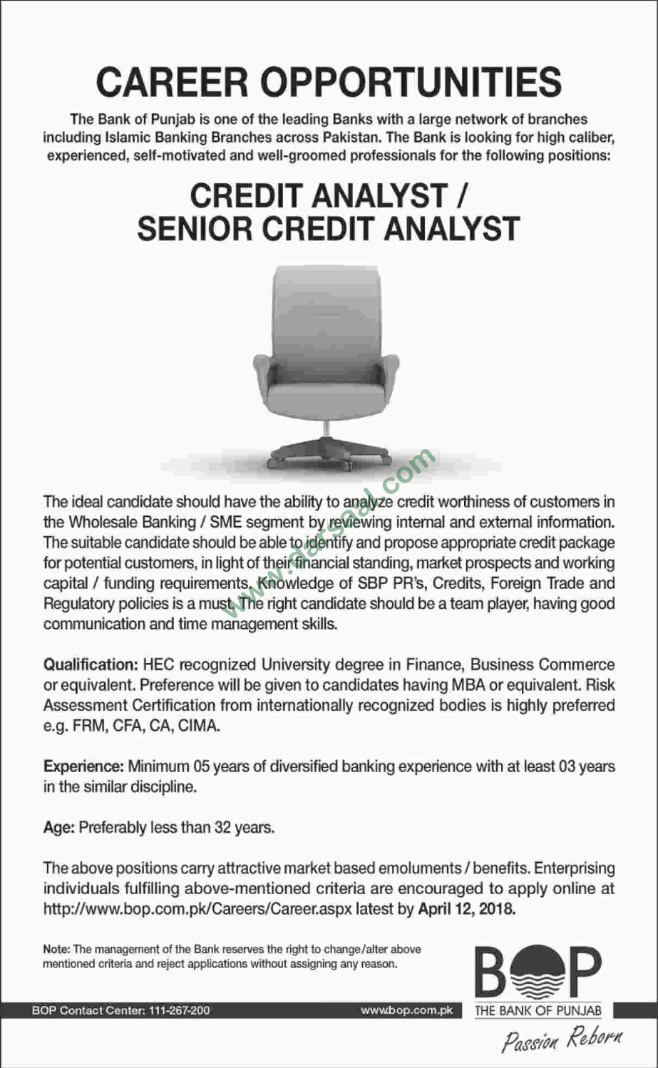 Credit Analyst and Senior Credit Analyst Jobs in The Bank of Punjab, Karachi 31 March 2018