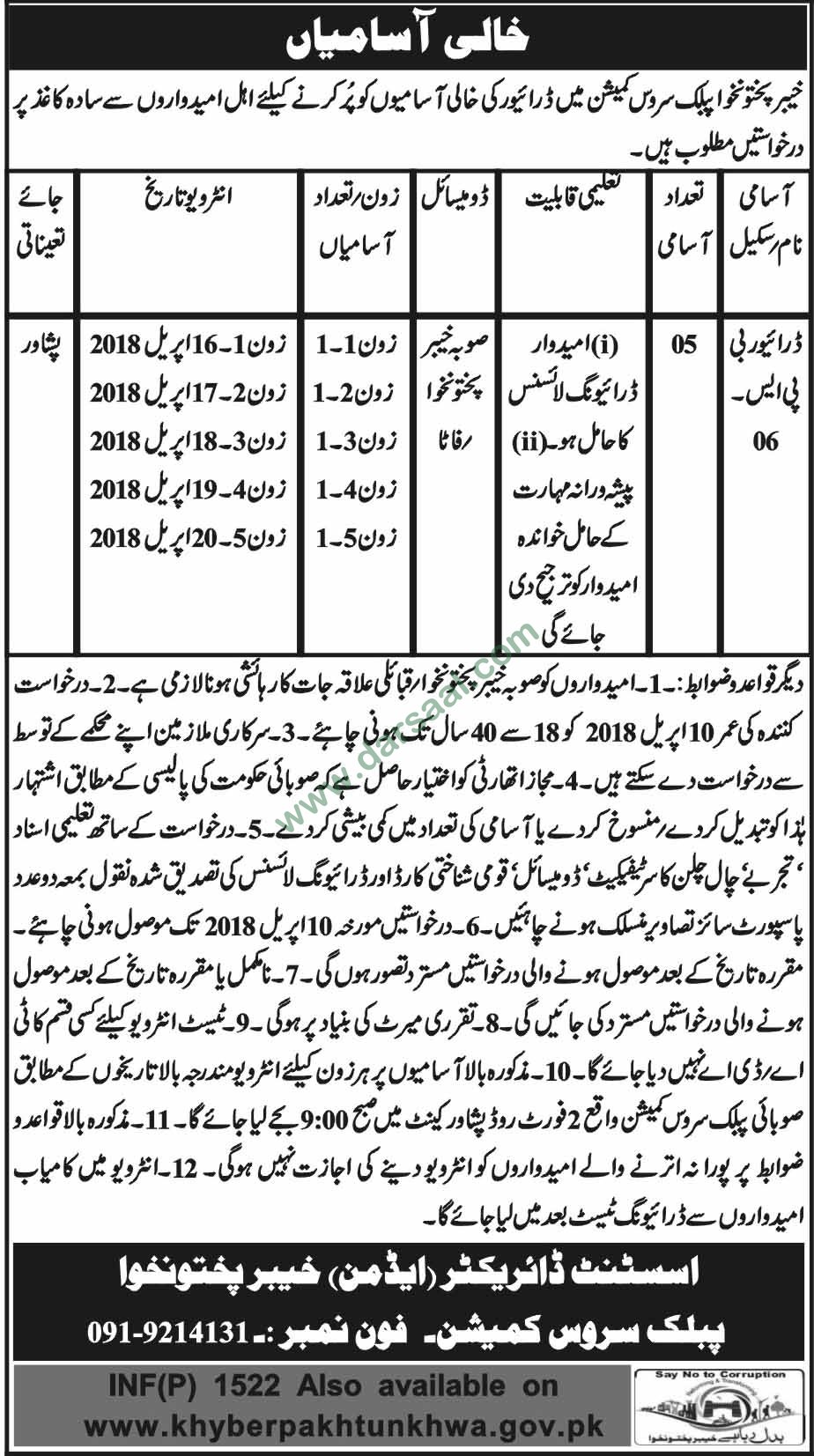 Driver Jobs in Public Service Commission KPK, 31 March 2018