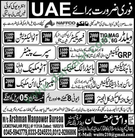 AC Technician, Electrician, Mechanic, Welder Jobs in UAE, 03 April 2018