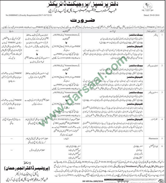 Professor, Assistant Professor, Senior Registrar, Lab Technician Jobs in Shaheed Mohtarma Benazir Bhutto Medical College, Karachi 3 April 2018