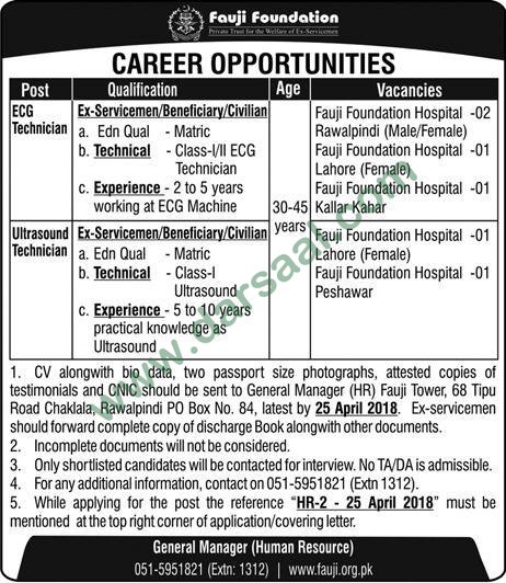 Technician Jobs in Fauji Foundation, 10 April 2018