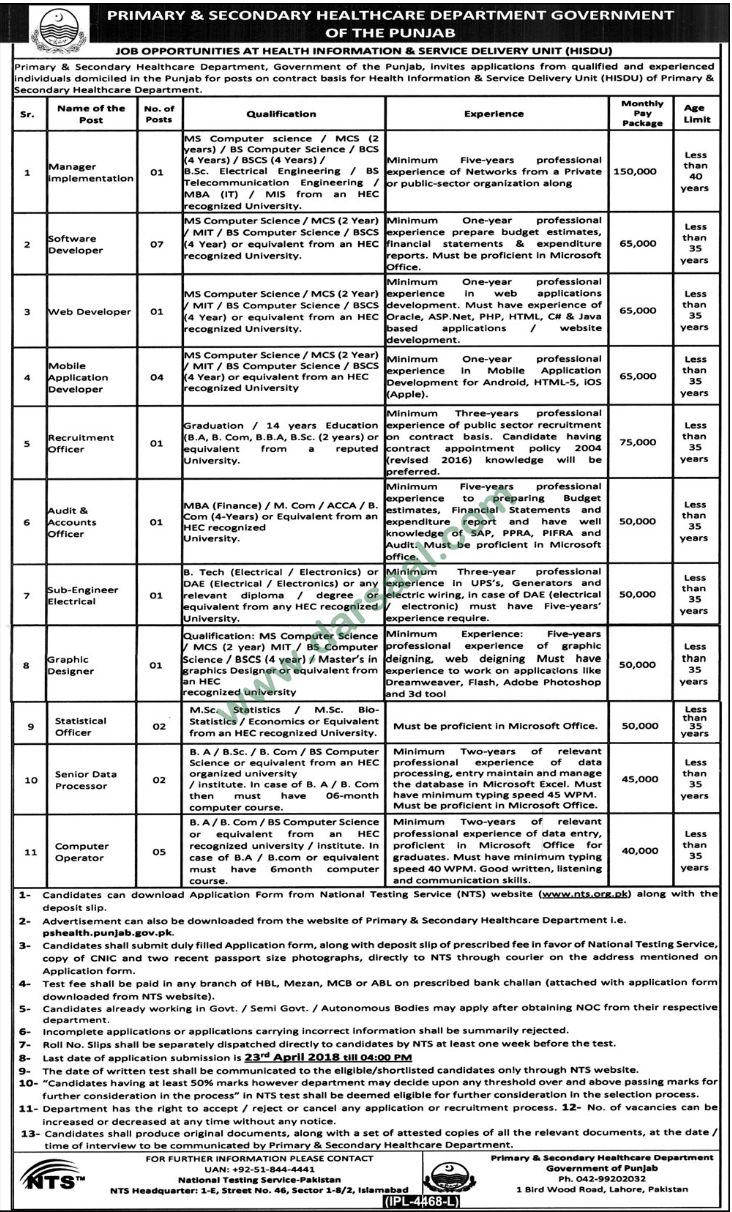 Software Developer, Web Developer, Audit & Accounts Officer, Graphic Designer, Computer Operator Jobs in Primary & Secondary Health Care Department, Lahore 10 April 2018