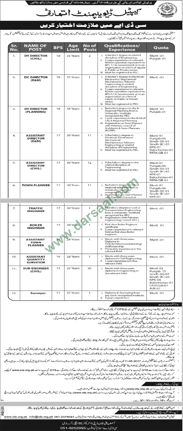 Assistant Director, Town Planner, Sub Engineer, Assistant Quantity Surveyor Jobs in Capital Development Authority, Islamabad 10 April 2018