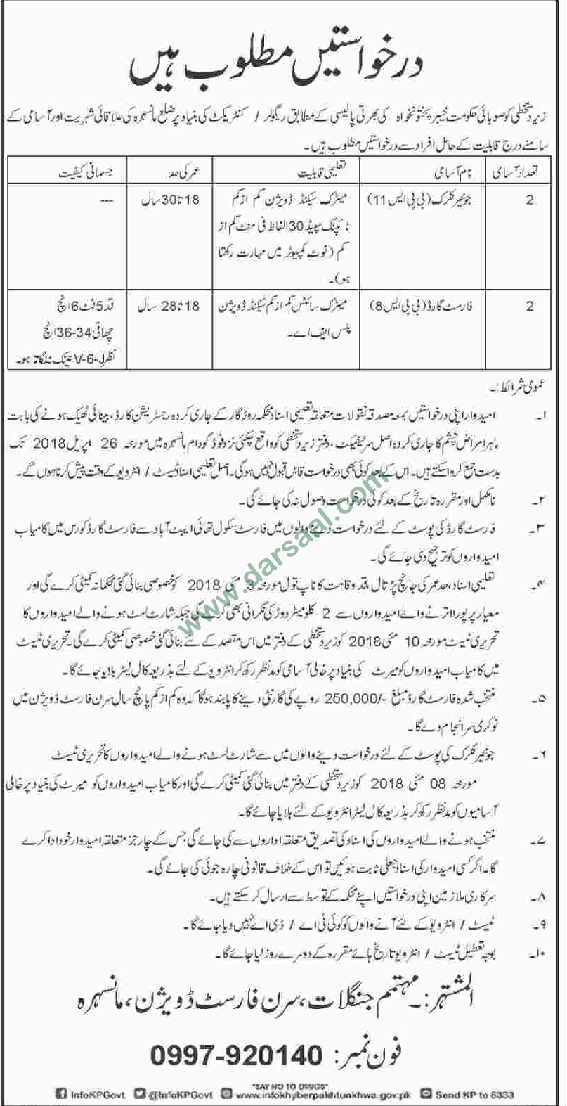 Forest Guard & Junior Clerk Jobs in Forest Department, Peshawar 10 April 2018
