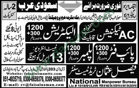 AC Technician, Electrician, Pipe Fitter, Plumber Jobs in Saudi Arabia, 12 April 2018