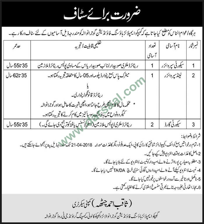Security Supervisor, Land Supervisor, Security Guard Jobs in GEPCO Employees Housing Foundation Gujranwala, 12 April 2018