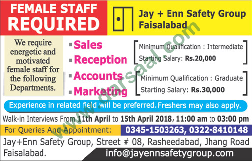 Sales, Accounts, Marketing, Reception Jobs for Females in Faisalabad, 12 April 2018