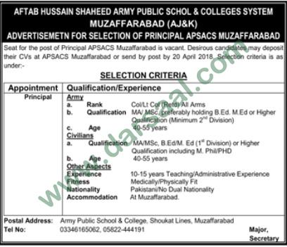Principal Job At Aftab Hussain Shaheed Army Public School & College, Muzaffarabad 12 April 2018