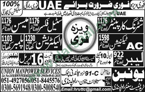 AC Technician, Electrician, Steel Fixer, Mason, Labour Jobs in UAE, 12 April 2018