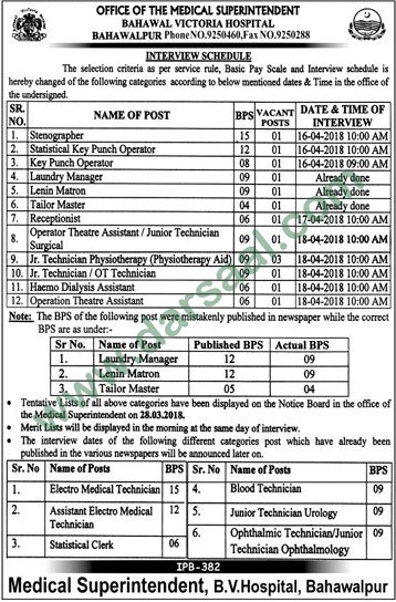 Stenographer, Punch Operator, Tailor Master, Laundry Manager, Receptionist Jobs in Bahawal Victoria Hospital, 12 April 2018
