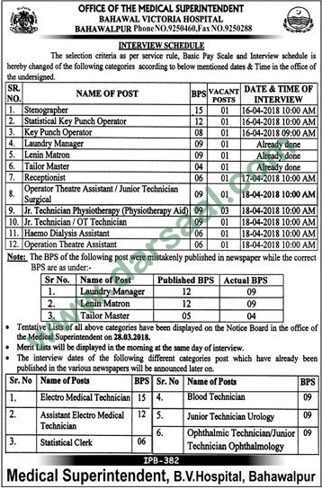 Junior Technician, Assistant, Operation Theater, Lenin Matron Jobs in Bahawal Victoria Hospital, 12 April 2018