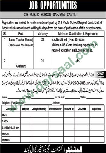 Female Teacher Jobs in C.B Public School Sanjwal Cantt, 12 April 2018