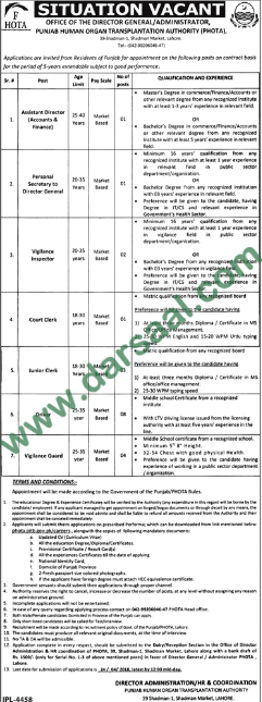 Assistant Director, Personal Secretary, Clerk, Driver Jobs in Punjab Human Organ Transplant Authority, Lahore 12 April 2018