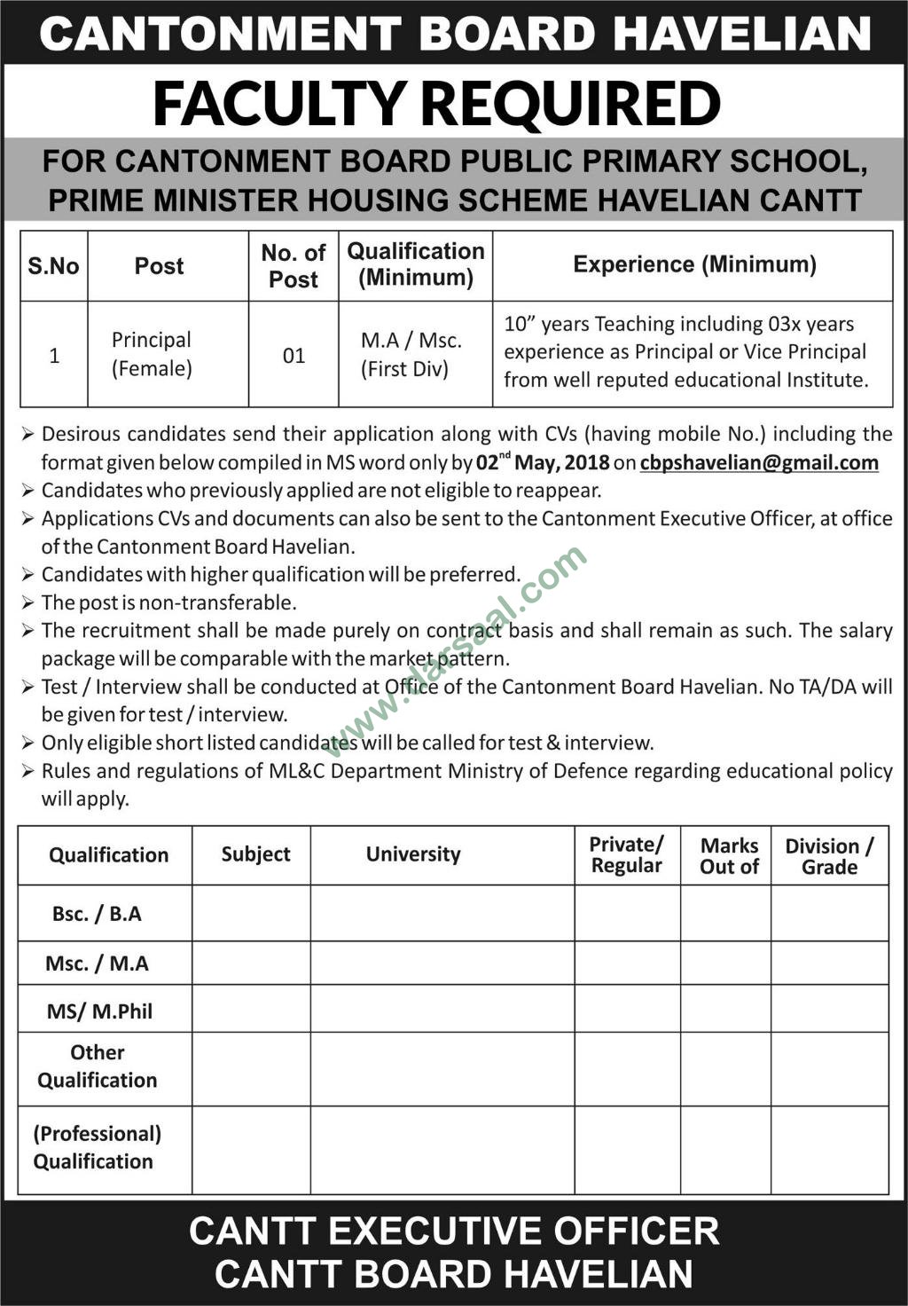 Female Principal Jobs in Cantonment Board Havelian, 17 April 2018