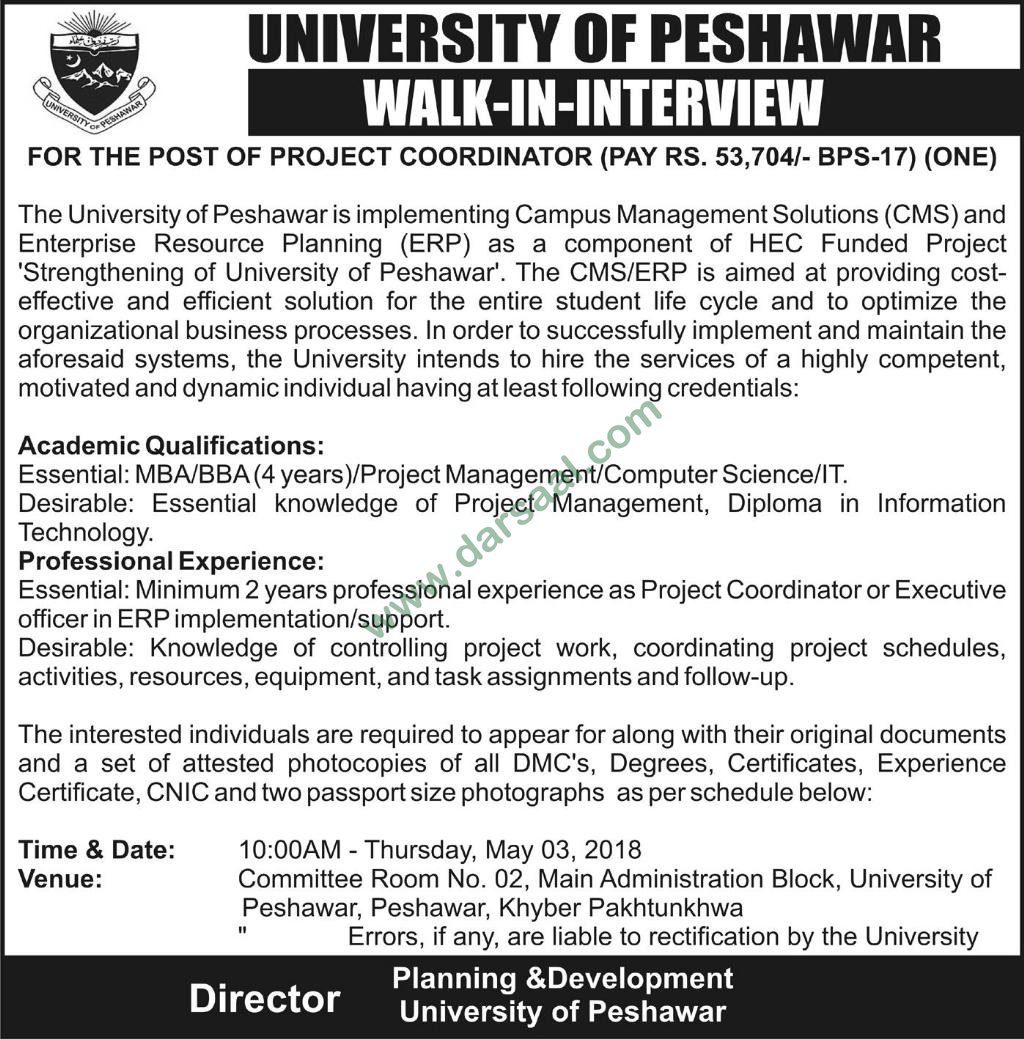 Coordinator Jobs in University of Peshawar, 17 April 2018