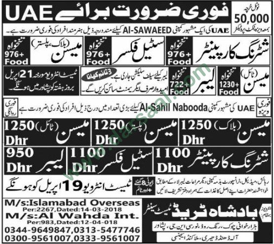 Steel Fixer, Mason, Carpenter, Labour Jobs in UAE, 17 April 2018