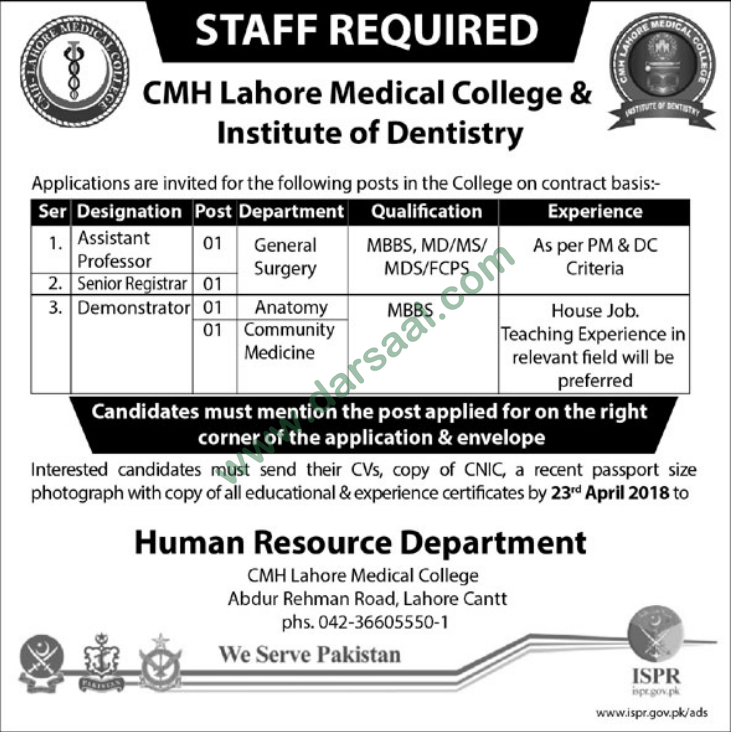 Senior Registrar, Demonstrator, Assistant Professor Jobs in CMH Medical College & Institute of Dentistry, Lahore 17 April 2018