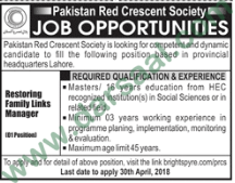 Restoring Family Links Manager Jobs in Pakistan Red Crescent Society, Lahore 17 April 2018