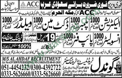 Electrician, Plumber, Welder, Pipe Fitter Jobs in Saudi Arabia, 18 April 2018