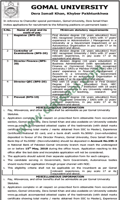 Registrar, Examination Controller, Director Finance, Director, Provost Jobs in Gomal University D.I.Khan, 18 April 2018
