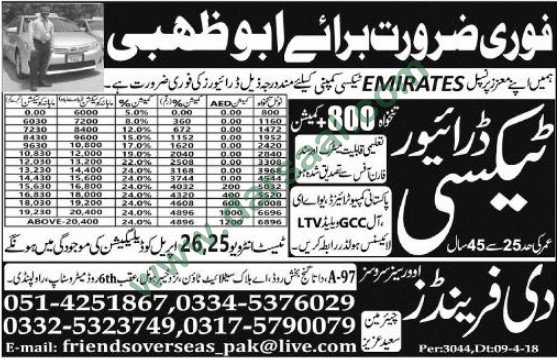 Taxi Driver Jobs in Abu Dhabi, 18 April 2018