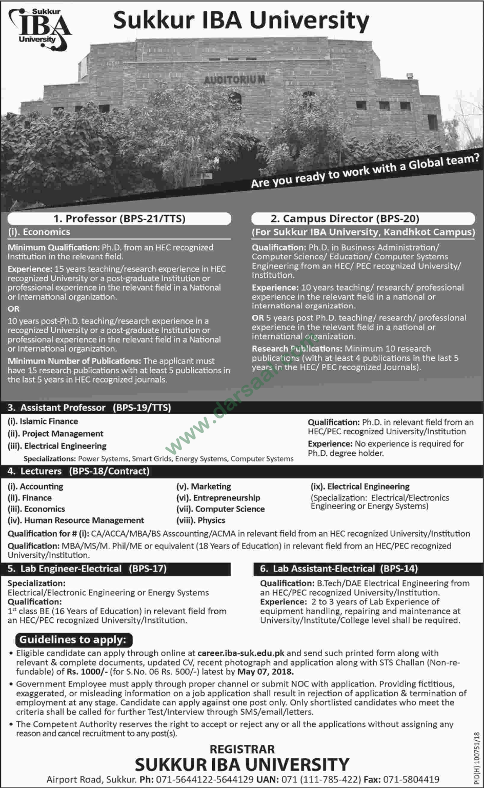 Professor, Assistant Professor, Lab Engineer, Electrical Engineer, Lab Assistant Jobs in Sukkur IBA University, Sukkur 18 April 2018