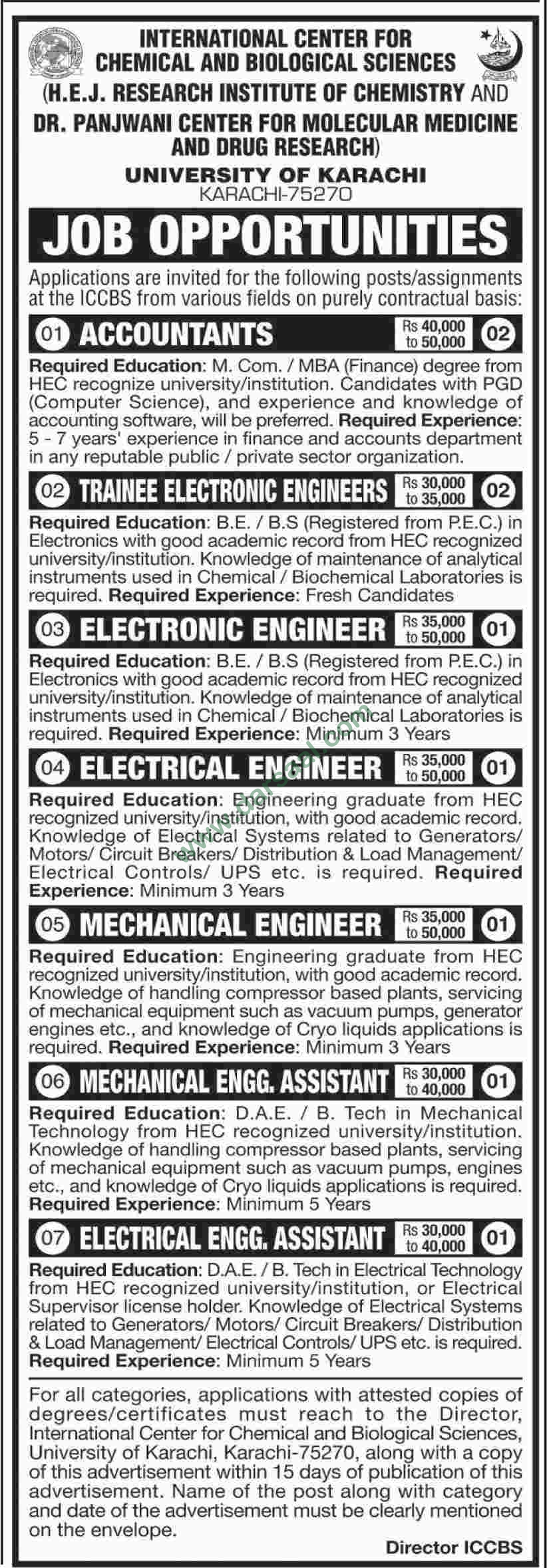 Mechanical Engineer, Electronics Engineer, Electrical Engineer, Accountant Jobs in University of Karachi, 18 April 2018