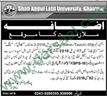 Assistant Professor Job in Shah Abdul Latif University, Khairpur, 18 April 2018