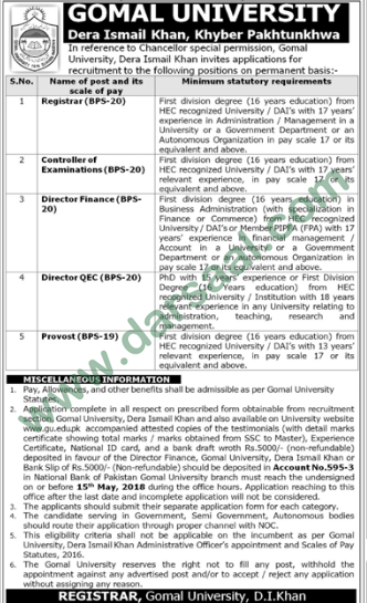 Registrar, Director, Director Finance, Examination Controller Jobs in Gomal University, Dera Ismail Khan 18 April 2018