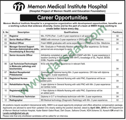 Registrar Medical Officer Accounts Officer Medical Receptionist Lab Technician Radiographer Jobs At Memon Medical Institute Hospital Karachi 22 April 2018 Darsaal