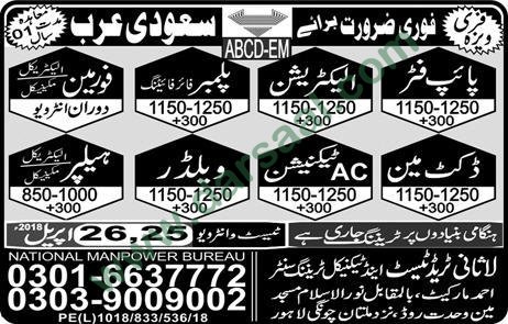 Pipe Fitter, Electrician, Plumber, AC Technician, Welder, Helper Jobs in Saudi Arabia, 25 April 2018