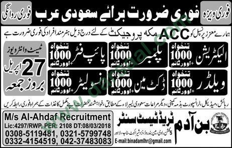Plumber, Electrician, Pipe Fitter, Welder Jobs in Saudi Arabia, 25 April 2018