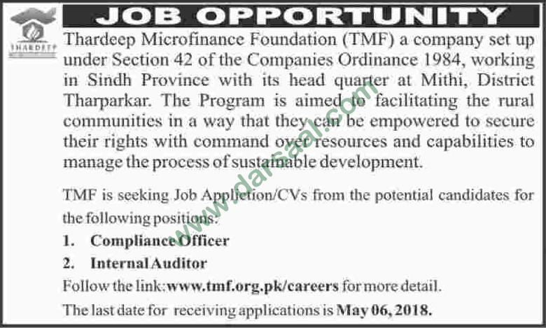 Compliance Officer & Internal Auditor Jobs in Thardeep Microfinance Foundation, Tharparkar 29 April 2018