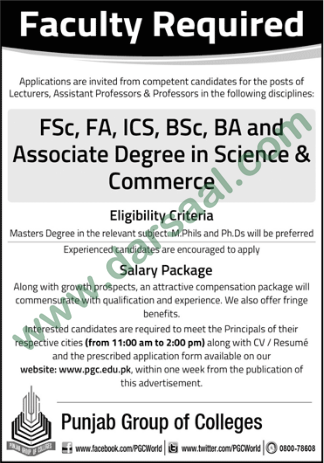 Lecturer, Professor, Assistant Professor Jobs in Punjab Group of Colleges, Multan 29 April 2018