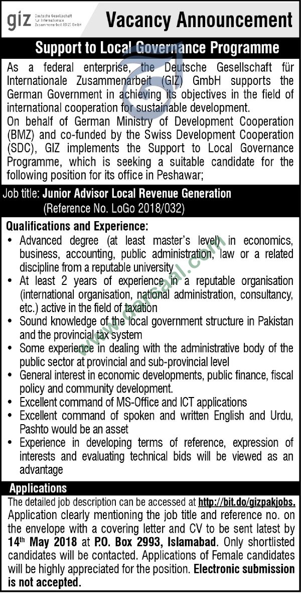 Junior Advisor Job in Deutsche Gesellschaft für Internationale Zusammenarbeit Islamabad, 29 April 2018
