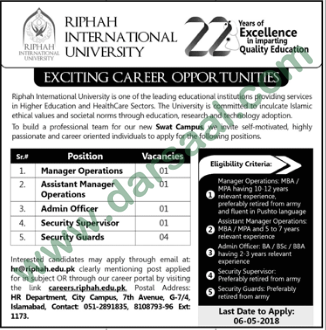 Assistant Manager, Admin Officer, Security Supervisor, Security Guard Jobs in Riphah International University, Islamabad 29 April 2018